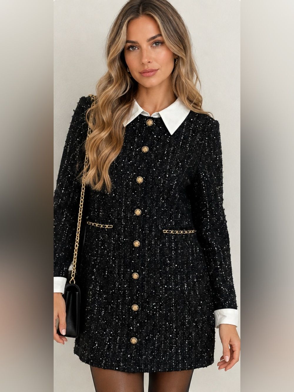 Aqua Black Tweed Jacket Dress White Collar Gold Buttons Chain Trim Long Sleeve